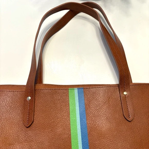 Brown Leather Tote Bag with Colorful Stripe - Picture 7 of 8